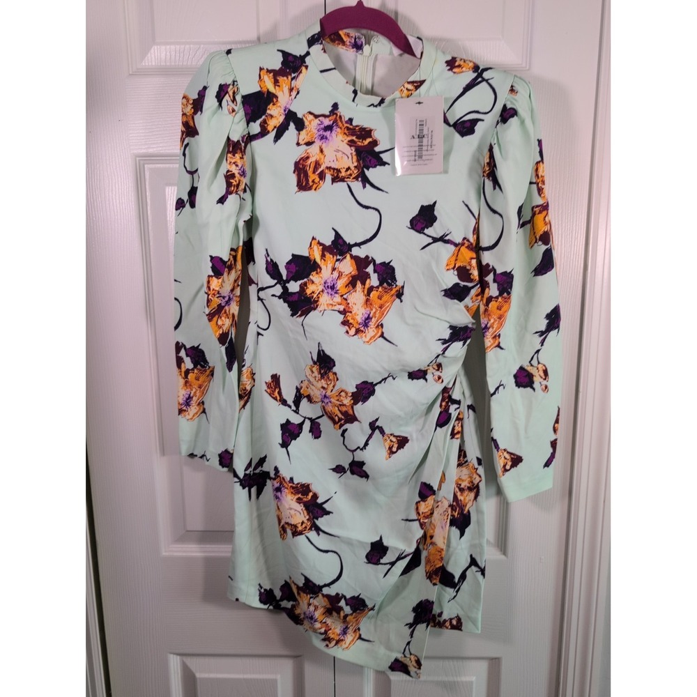 NWT $595 A.L.C. Jane Floral Crepe Puff-Sleeve Dress green orange US size 2